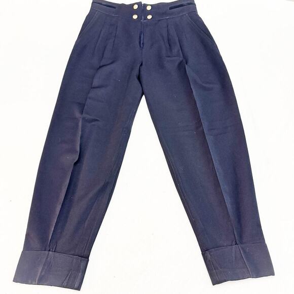 Laurel Navy Blue Pleated Gold Button High Waist Pants Wool/Silk Size 42 - Picture 2 of 9